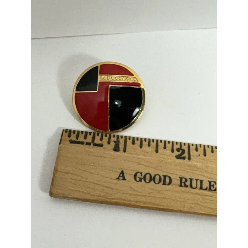 Vintage 80s Brooch By L. Bott Red Black Enamel Gold Tone Pin Signed